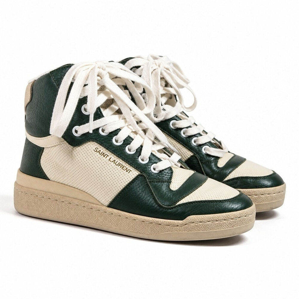 Saint Laurent SL/24 Mid-Top Leather Sneakers Green Vintage White EU 36 US 6